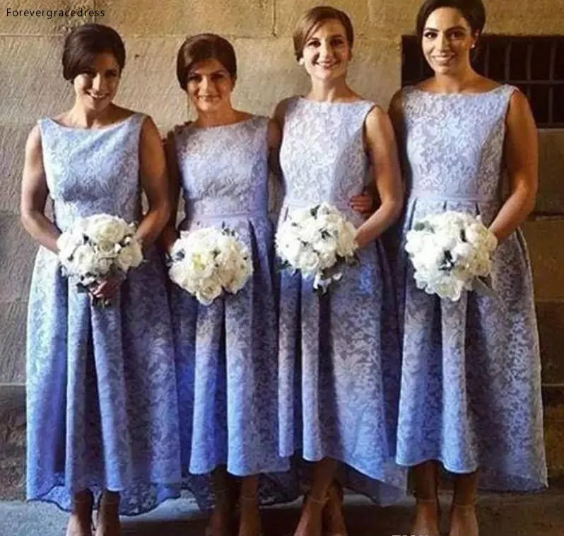 Lavender Lace High Low Bridesmaid Dresses Crew Neck A Line Short Front Long Back Vintage Wedding Bridesmaid Robes Dress Custom Made Evening 88
