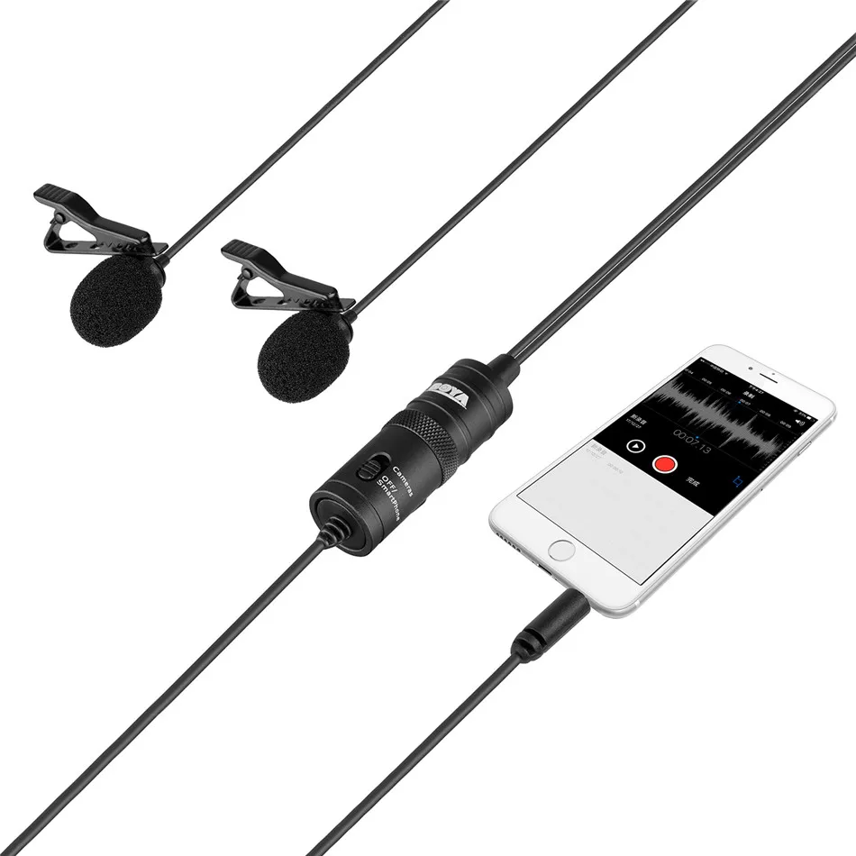 BOYA BY-M1DM 4m Professional Lavalier Condenser Microphone 3.5mm TRRS Dual-Head Streaming Lapel Microphone for PC Mobile Phone