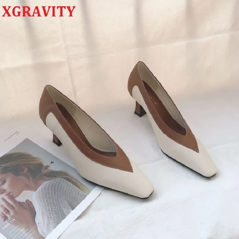 XGRAVITY Sexy Square Toe Ladies Mix Color Woman Shoes Deep V All Match Lady Fashion Shoes