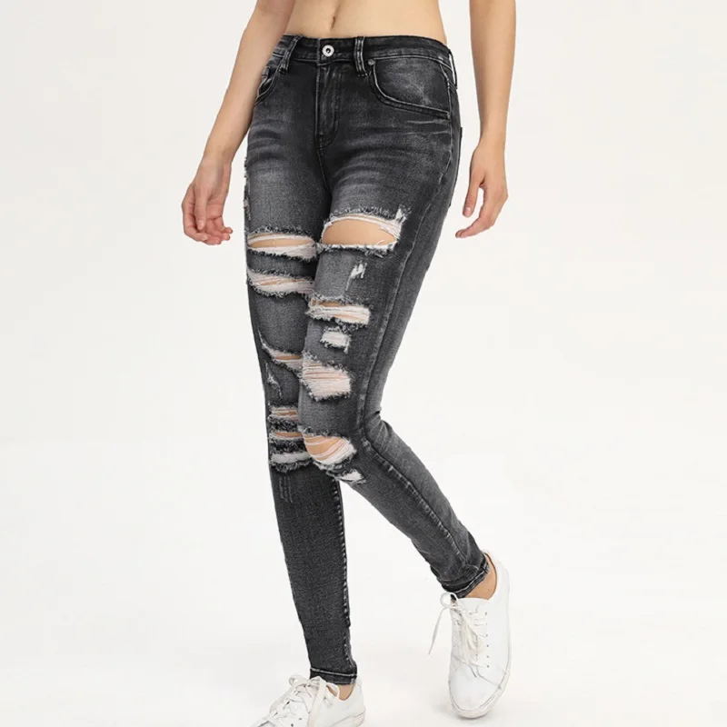Streetwear Ripped Jeans for Women Skinny Black Distressed Denim Pants Stretch Push Up Slim Femme New Autumn Sale Items