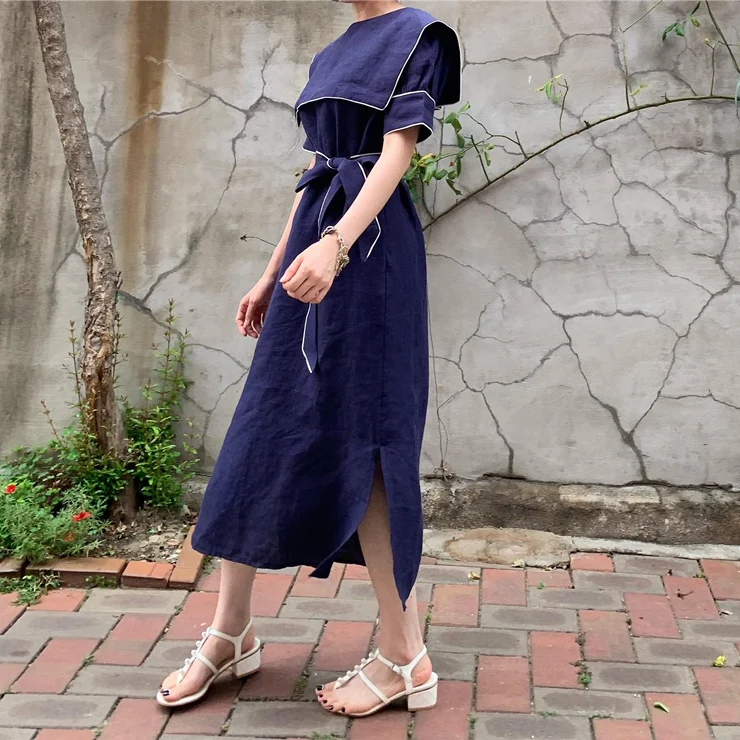 Женское платье в стиле 90 х корейский стиль матросский воротник короткие рукава