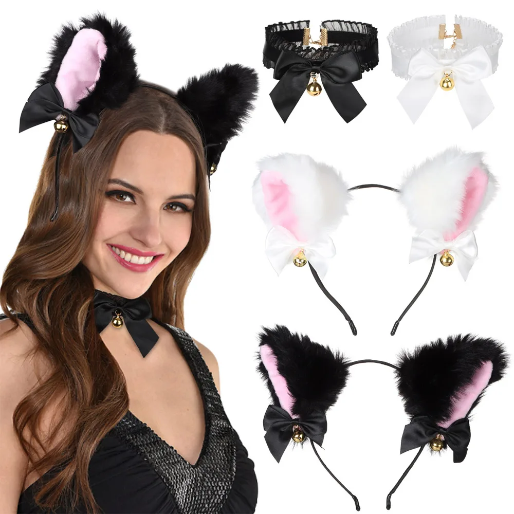 1Set Cat Ear Headband With Bells Necklace Plush Furry Cat Ears Headwear Fancy Dress Hairband Women Girls Party Cosplay Headwear anime outfits