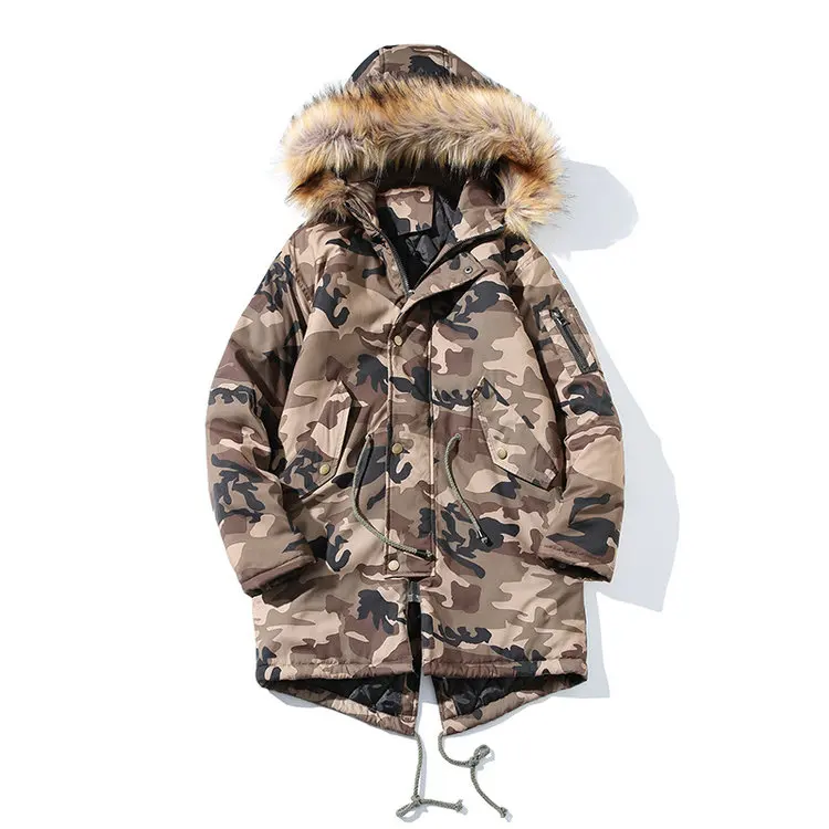 Модный меховой воротник зимняя куртка Мужские Камуфлированные штаны, милитари бархатная Толстая парка Для мужчин длинный плащ пальто Верхняя одежда с защитой от ветра, теплая куртка - Цвет: Camouflage