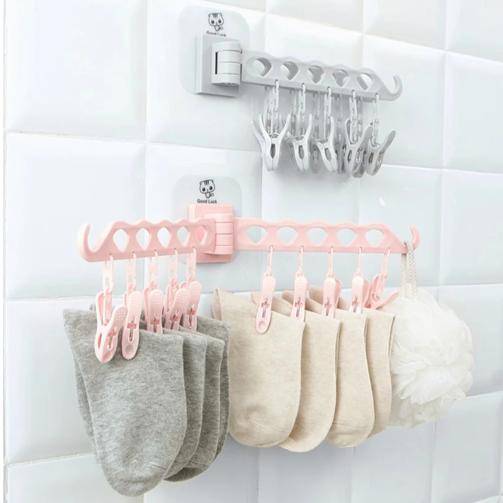 Wall-mounted 10 Clips Portable Socks Cloth Hanger Rack Clothespin Drying Rack Sock Holder Wardrobe Storage Cloth Hangers