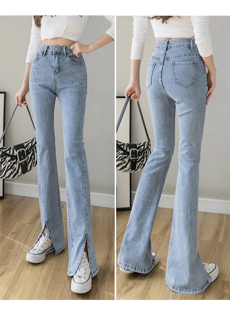 Black Jeans High-Waist Flared With Slit Design  Slimming Women Spring Fashion 90s Aesthetic Blue Denim Korean Fashion Trousers miss me jeans