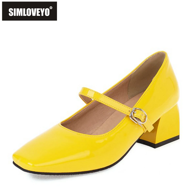 

SIMLOVEYO 2021 Retro Pumps Square Toe Mary Janes Buckle Strap 5cm Chunky Heel Shoes US20 21 Black Red Apricot Blue Yellow A4247
