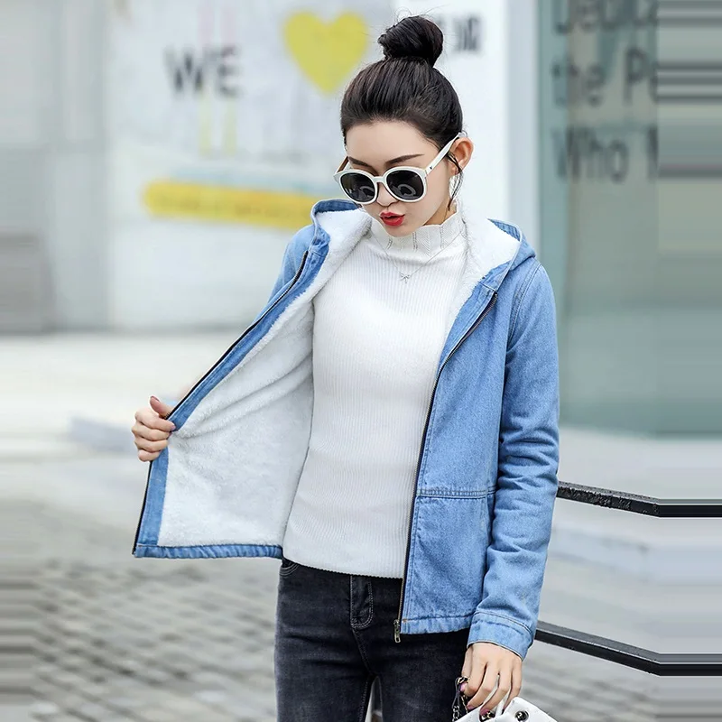 

Solid Turn-down Collar fur Jean Jacket for Women Casual Blue Fashion winter Women Jean Coats Female warm outwear Denim Feminine