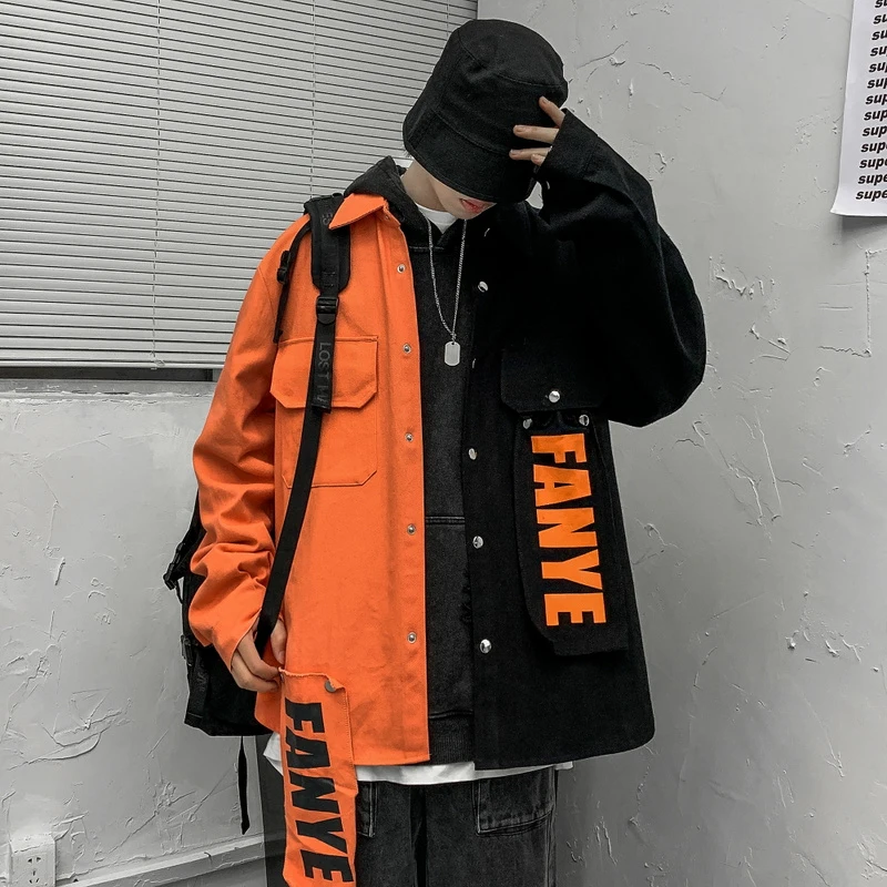 Plegie Harajuku, мужская куртка большого размера в стиле пэчворк, осень, новая модная верхняя одежда, пальто в стиле хип-хоп, уличная одежда, свободные оранжевые куртки