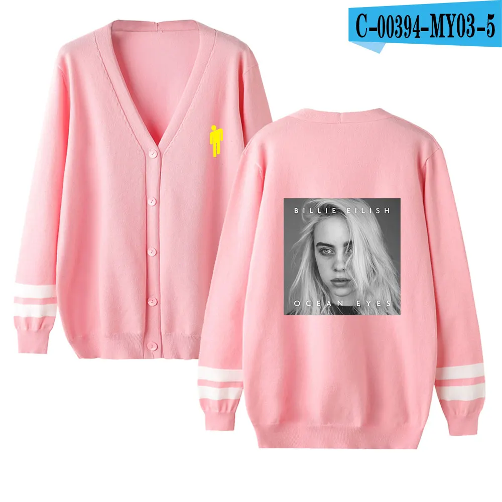 Billie Eilish Harajuku женские Свитера Осень Зима Кардиган Повседневный v-образный вырез однобортный с пышными рукавами Свободная одежда - Цвет: Pink