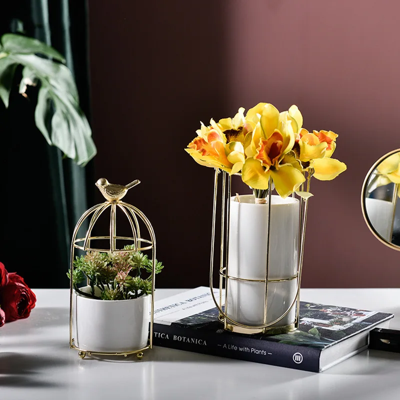 Birdcage iron Vase Ceramic flower Pot green plant simulation flower decoration Ornament