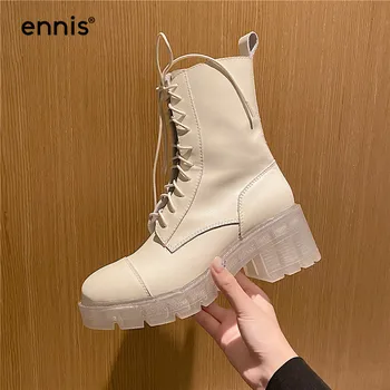 

ENNIS 2020 Autumn Martin Boots Genuine Leather Women Boots Transparent Chunky Heel Ankle Boots Lace Up Shoes NEW Designer A0004