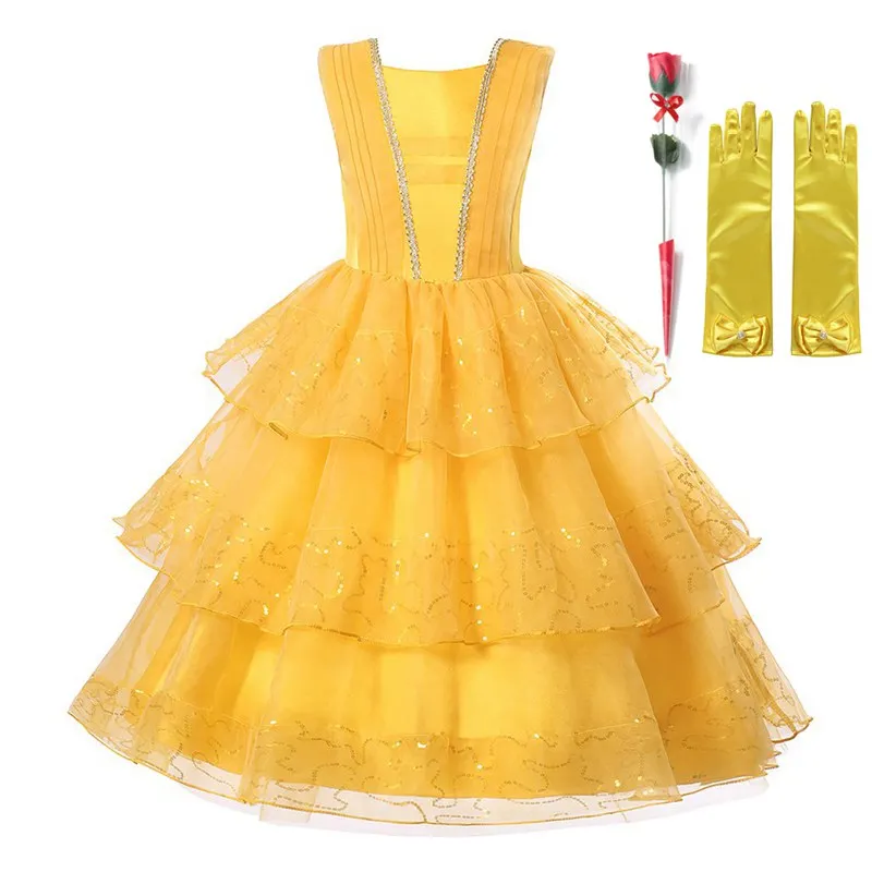 

MUABABY Girls Deluxe Princess Belle Costume Sleeveless Layered Wedding Evening Long Dress Children Halloween Prom Party Clothes