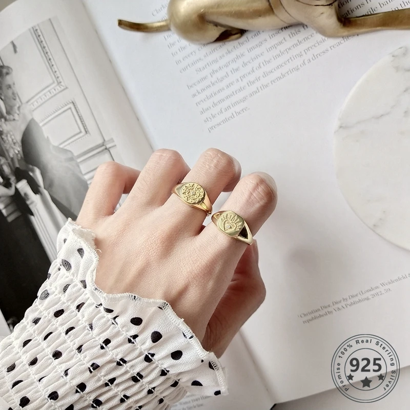 LouLeur 925 sterling silver Retro pattern open rings gold round square abstract pattern rings for women original jewelry charms afbeelding