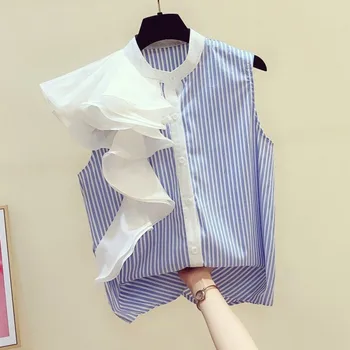 

Ruffles Patchwork Sleeveless Women Shirts 2020 Summer Fashion Design Striped Slim Lady Elegant Shirts Outwear Tops