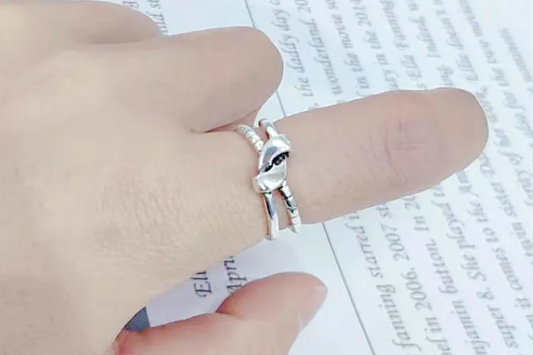 Bijoux простой стиль 925 пробы серебряные кольца с луком для женщин Подарки большие Регулируемые кольца на палец