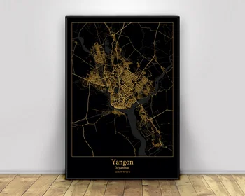 

Yangon Myanmar Black&Gold City Light Maps Custom World City Map Posters Canvas Prints Nordic Style Wall Art Home Decor