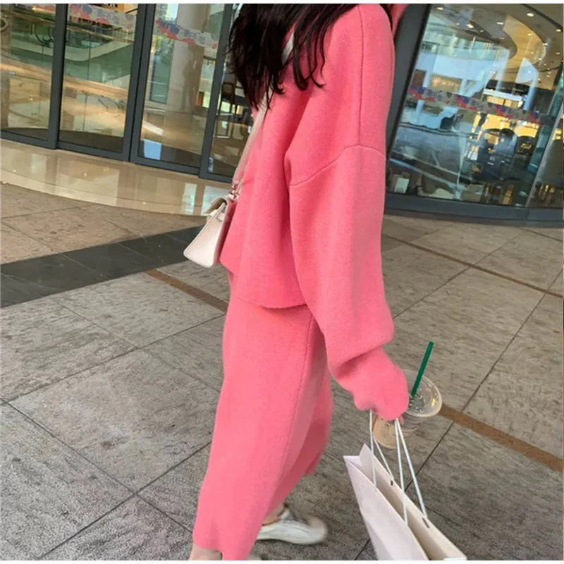 Spring Knitted Sweater Skirt 2 Piece Set Women O-Neck Batwing Sleeve Pullovers Skirts Suit Winter Fashion Elegant Ladies Sets