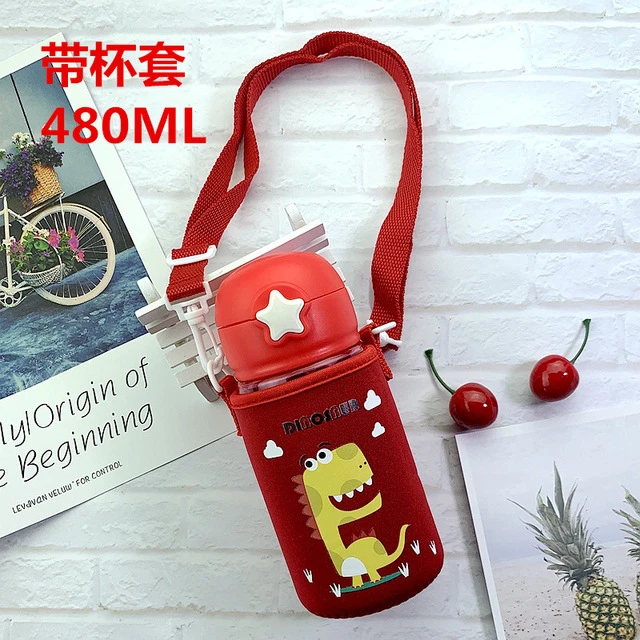 Детская бутылка для воды чайник мультфильм милый напиток пластиковая Спортивная бутылка с соломинкой портативная детская чашка - Цвет: red with cover
