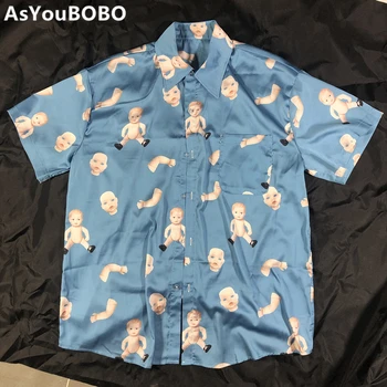

Harajuku vintage ins hot short sleeve Break up puppet baby pattern printting cartoon pocket blue shirts women YQ-1161