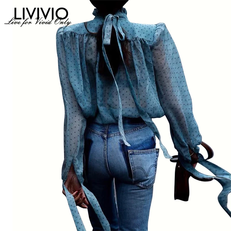 [LIVIVIO] летняя винтажная шифоновая прозрачная рубашка в горошек женская блузка с буфами на рукавах женские топы корейская модная одежда