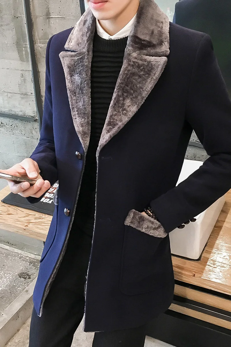 Fur Collar Trench Coat Men Wool Blend Winter Coat Slim Fit Men Manteau Homme Mid-Long Black Grey Mens Trench Coat Blue 4xl 5xl