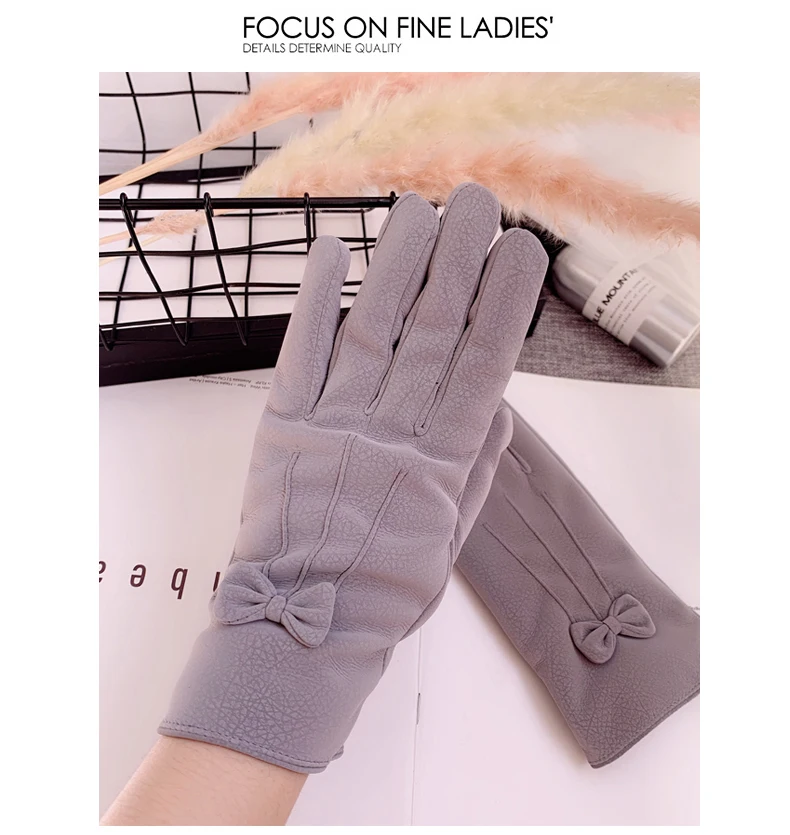 Leather gloves female winter plus velvet thick warm cute student riding driving windproof waterproof touch screen gloves