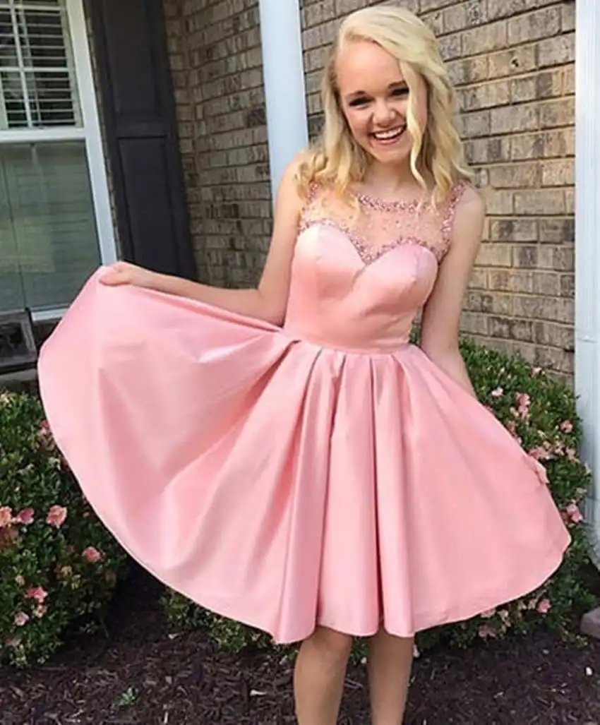 graduation dress for women Pink Lace Appliques Sheer Jewel Neck Knee Length A Line Soft Satin Homecoming Prom Dresses For women
