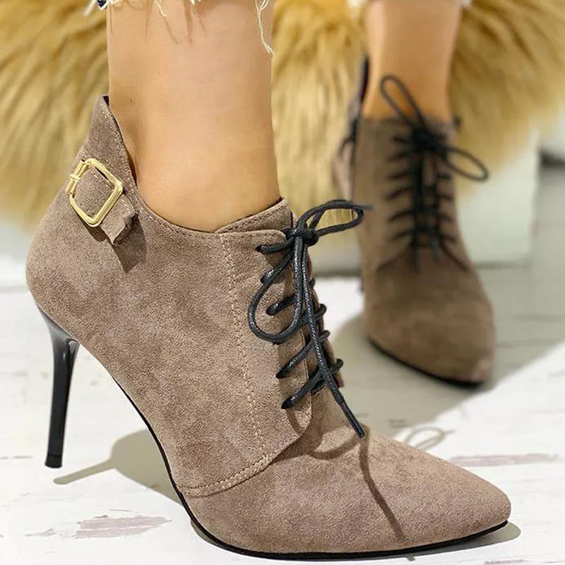 

ECN Fur Boots 2019 Autumn Winter Women High Heel Snow Shoes Dropshipping Elegant Party Pointed Toe Lace Up Female Ankle Boots