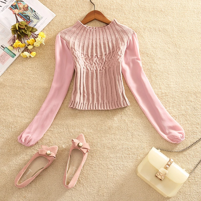 

spring Autumn Women Turtleneck Knitted Pullovers Chiffon Patchwork Sweater Ladies Bottoming Lantern Sleeve Knitwear Short Tops
