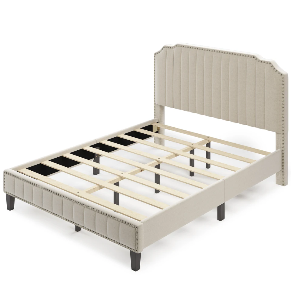 Modern Linen Curved Upholstered Platform Bed