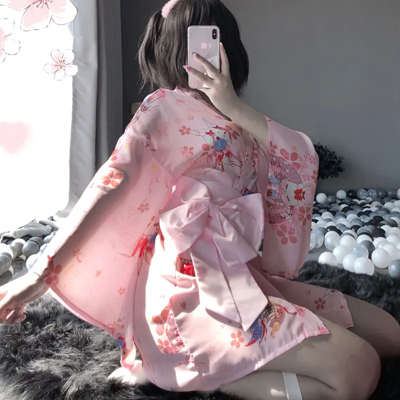 

Japanese Sakura Kimono Uniform Kawaii Babydoll Robe Floral Bathrobe Short Robe Nightwear Lolita Dressing Gown Robes