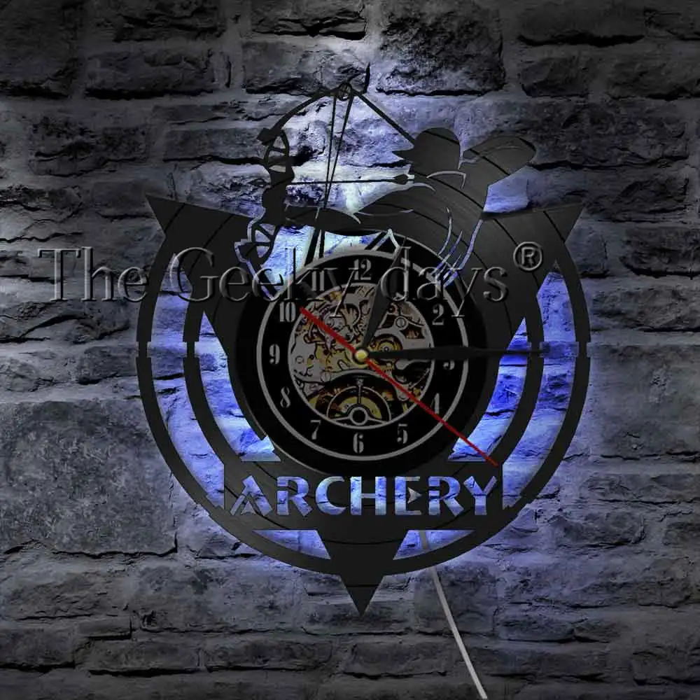 Стрельба из лука клуб 3D настенные часы современный дизайн Bowhunter Archer тренера подвесные винтажные виниловые часы настенные часы светодиодный светильник
