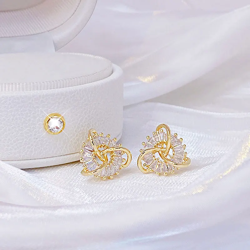 14k Real Gold Fashion Hollow Out Rhinestone Earrings Geometry Cross-wound Exquisite Bling AAA Zircon Accessories Jewelry stud earrings fashion earrings