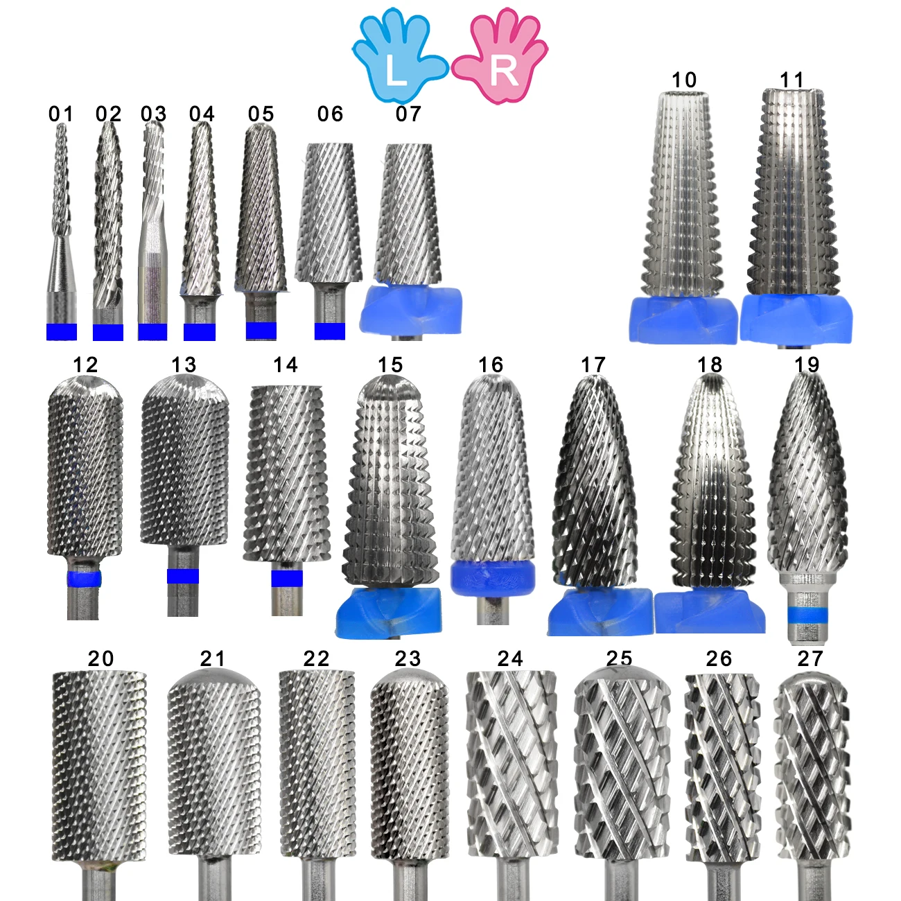 NAILTOOLS Both 2 hand Left+Right 27 different type Carbide stable shank nail drill machine Accessories Cutter nail drill bits nailtools right hand promotion type carbide tungsten barrel stable shank accessories cutter pedicure nail milling drill bits