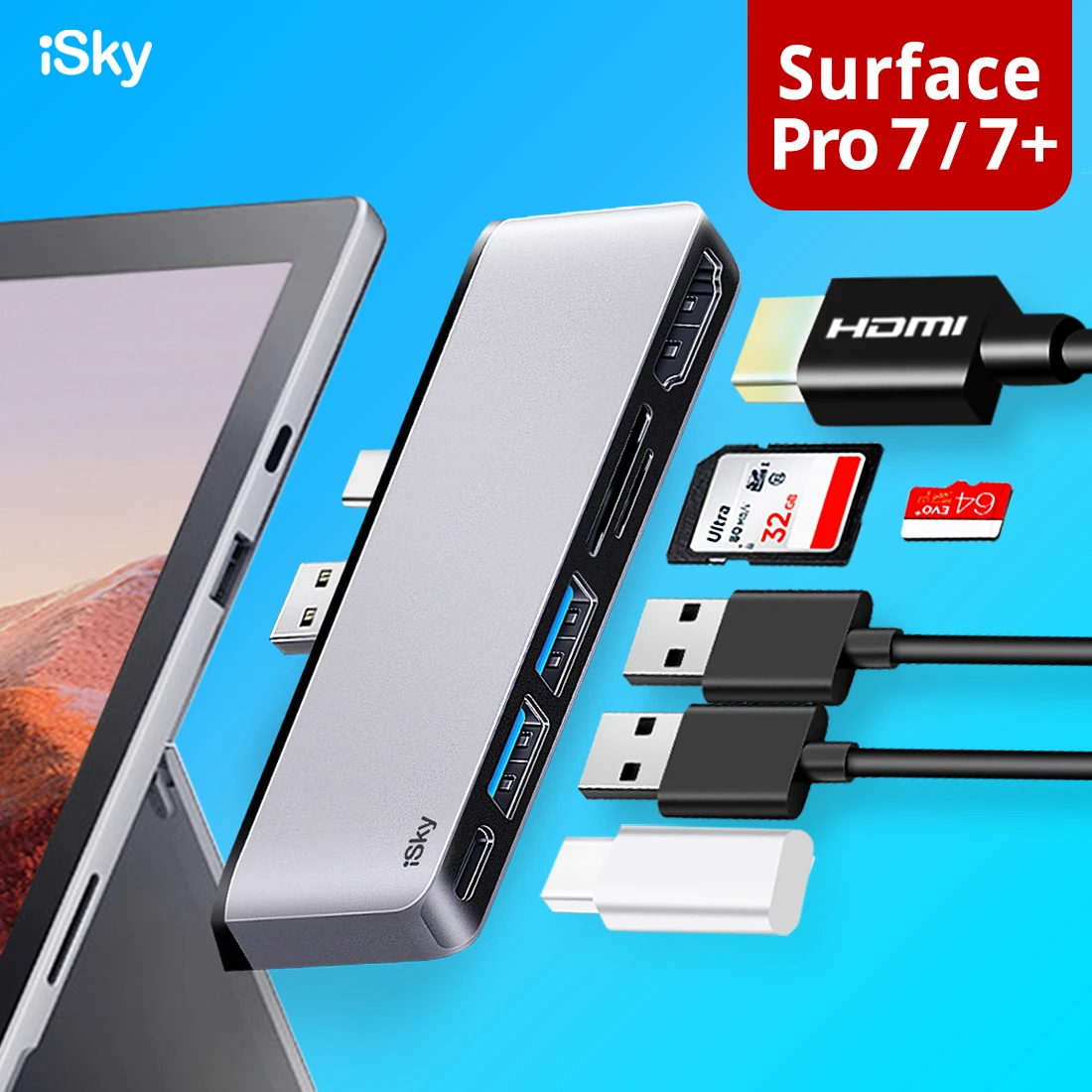 Isky For Microsoft Surface Pro7 7+ Hub Adapter Pro 7 Docking Station  Hdmi-compatible Usb3.0 Usb-c Sd Tf Hub Surface Pro 7 Sp7 - Usb Hubs -  AliExpress