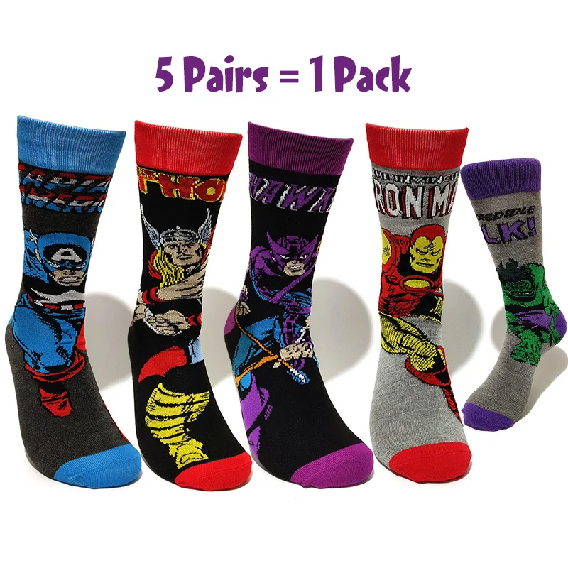 All Color 5 Pairs/Pack Thor Men socks Marvel Comic Heros Anime pattern Ironman Captain America Hulk Hawkeye Man compression cotton Socks - Color: All Color