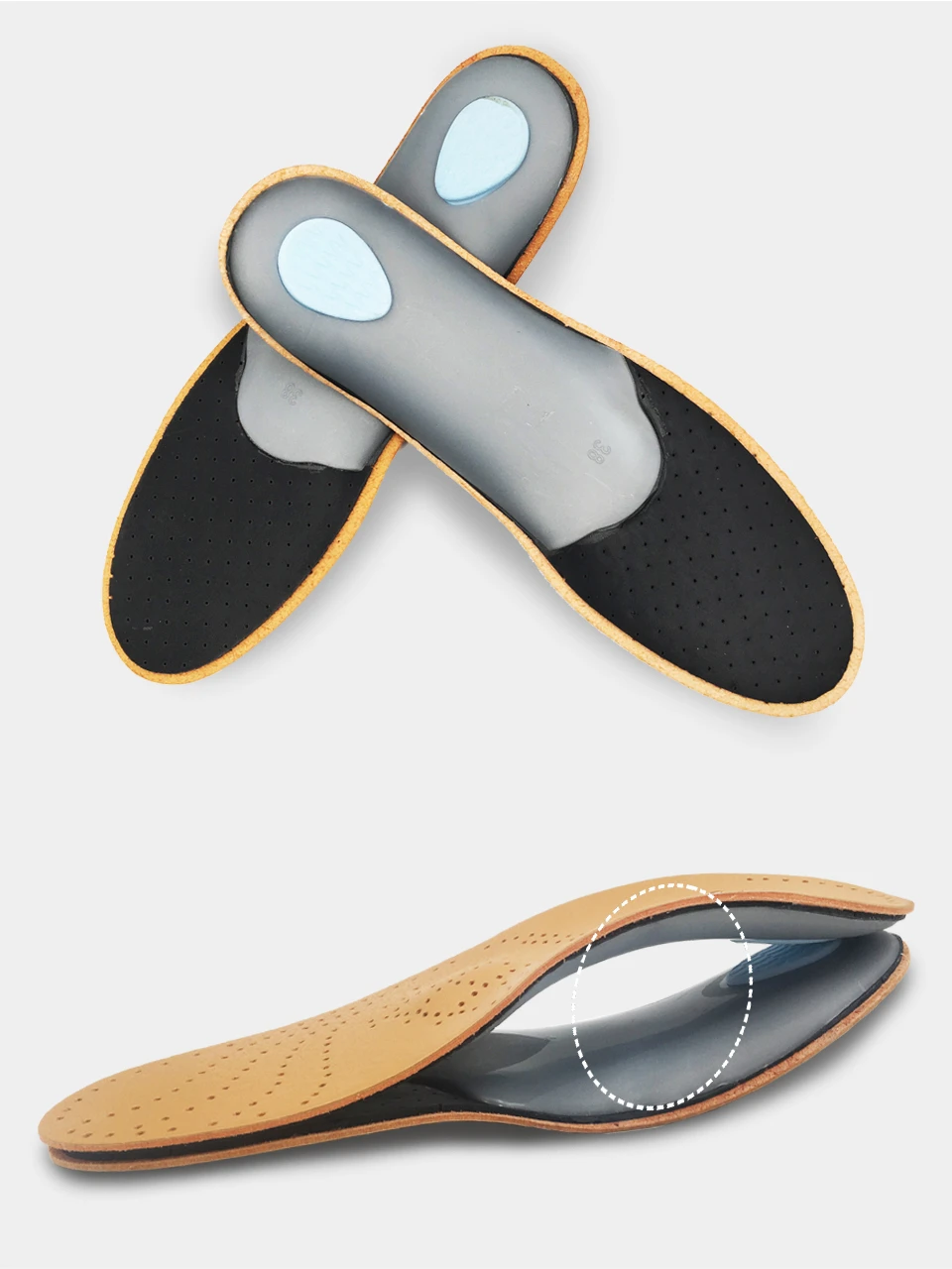 High quality Leather orthotics Insole for Flat Foot Arch Support 25mm