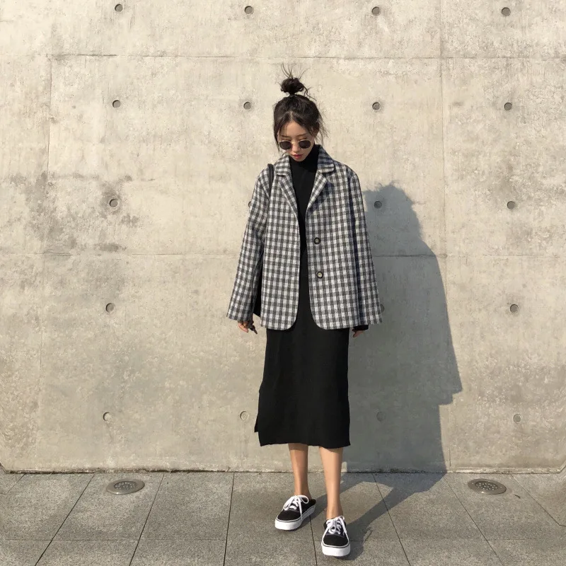 

Photo Shoot 2019 Spring New Style WOMEN'S Dress Harajuku Coat Versatile Handsome Plaid Suit Jacket England Fashion
