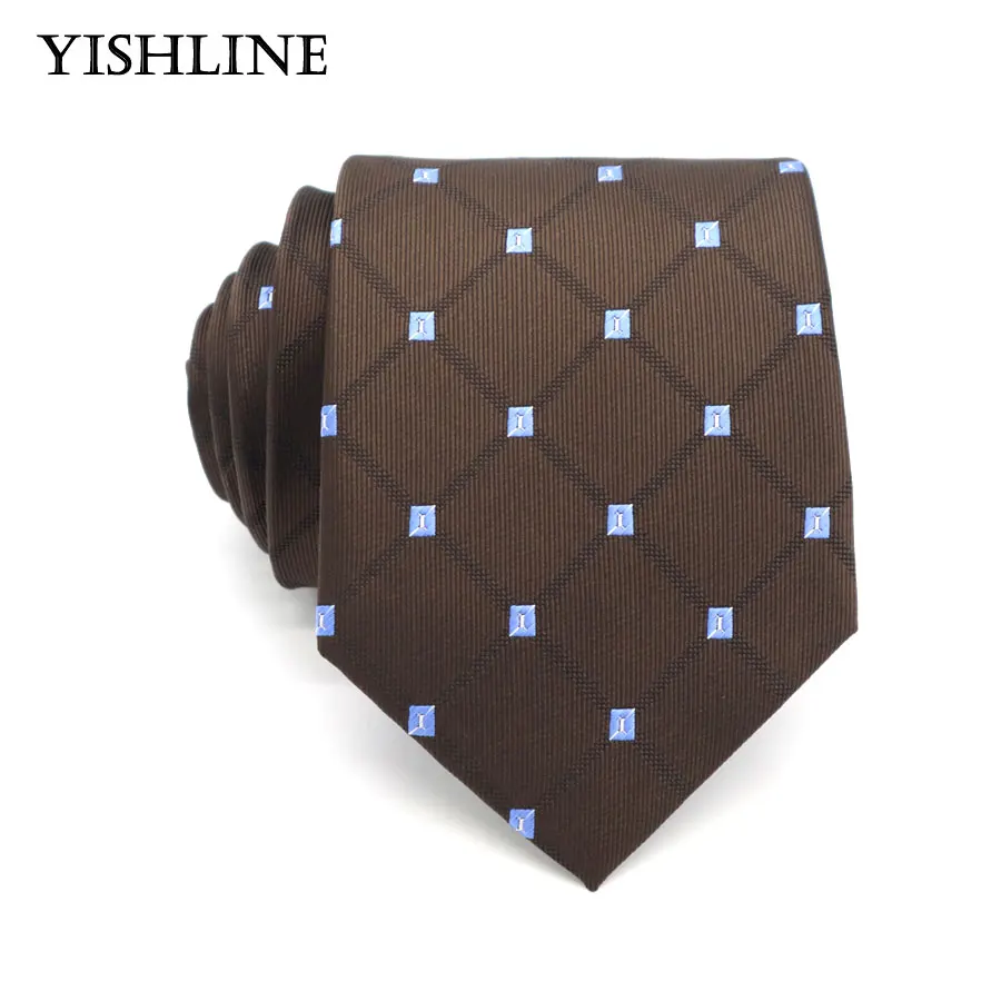 Модный мужской галстук 8 см коричневый шелковый с цветочным узором в горошек