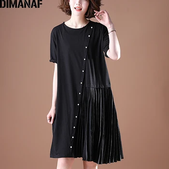 

DIMANAF Plus Size Dress Women Clothing Summer Pleated Spliced Beading Loose Female Office Lady Sundress Vestidos Black Dress