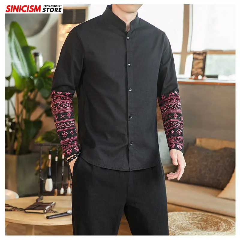 Sinicism Store Мужские Винтажные рубашки с принтом в китайском стиле Мужская Повседневная новая рубашка мужская одежда с длинными рукавами оверсайз 5XL осень