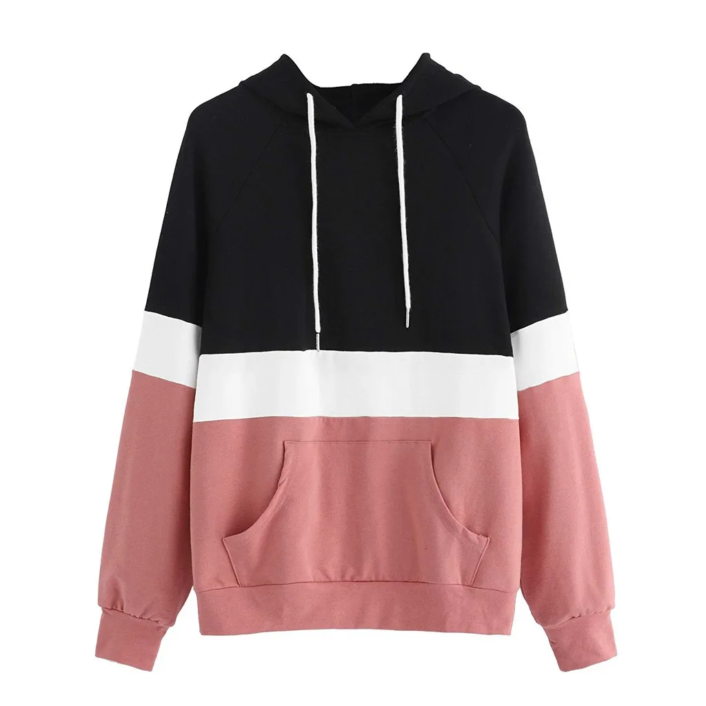 

Winter Hoodies Sweatshirt Women Long Sleeve Color Block Stripe Print Pullover Sweatshirt Hooded Patchwork Sudadera Mujer Moletom