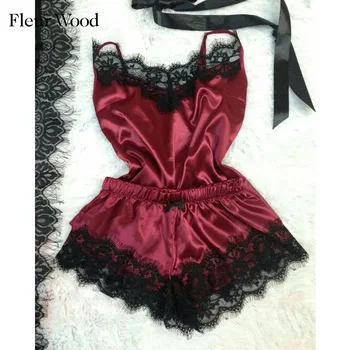 

Fleur Wood Women Sleepwear Sexy Satin Pajama Set Black Lace V-Neck Pyjamas Sleeveless Cami Top and Short pijama mujer Nightwear