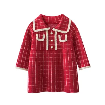 

Toddler Girls Dresses Warm Knitted Sweater Dress Autumn Winter Baby Knitted Princess Dress Long Sleeve Plaid Pattern Fashon 2020