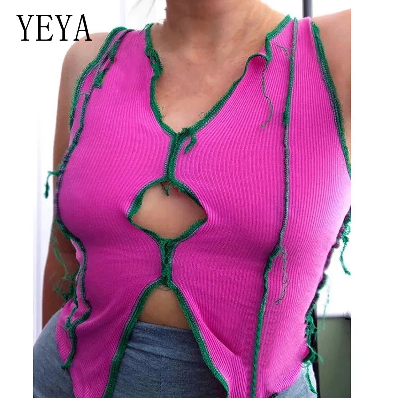 

YEYA Women Ribbed Knitting Tank Tops V Neck Hollow Out Sleeveless Vest Summer Basic Asymmetrical Casual Street Crop Tops Female