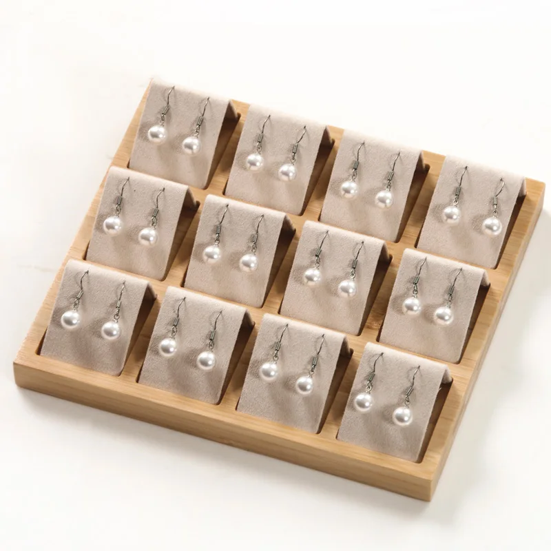 

Hot Selling High Quality Wooden Beads Organizer Box Wedding Earring Holder Beige Velvet Wood Tray Velvet Necklace Box Jewelry