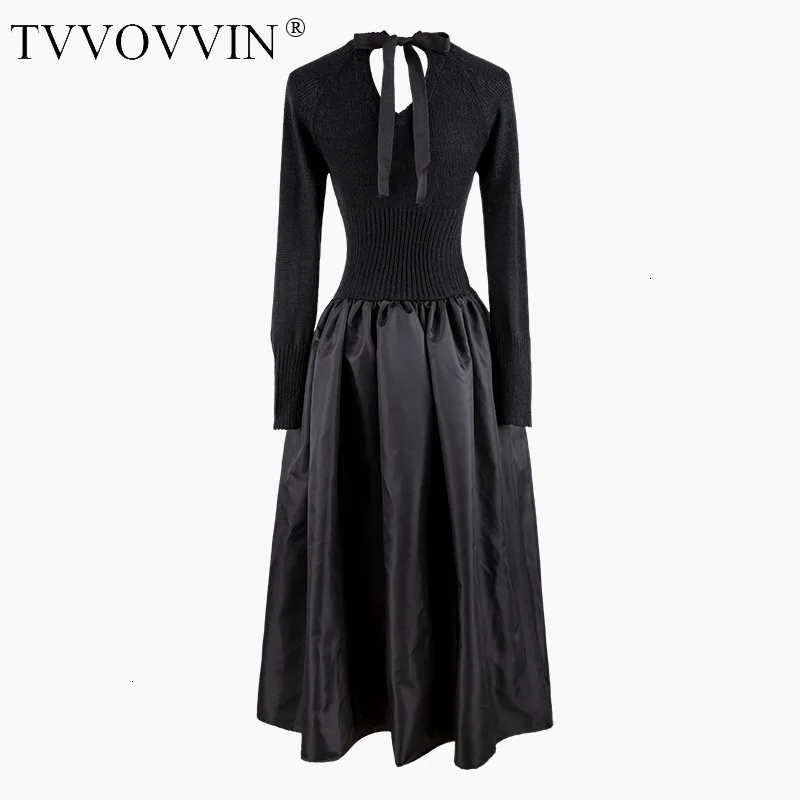 TVVOVVIN Women Dress V Neck Patchwork Knitted Dresses Lace Up Hollow Out Long Sleeve Vintage All Match Long Black Dresses B286