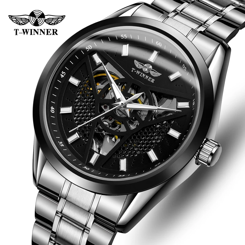 T-WINNER Men Watch Top Brand Mens Luxury Automatic Mechanical Watches Fashion Stainless Steel Skeleton Self Winding Wrist Watch