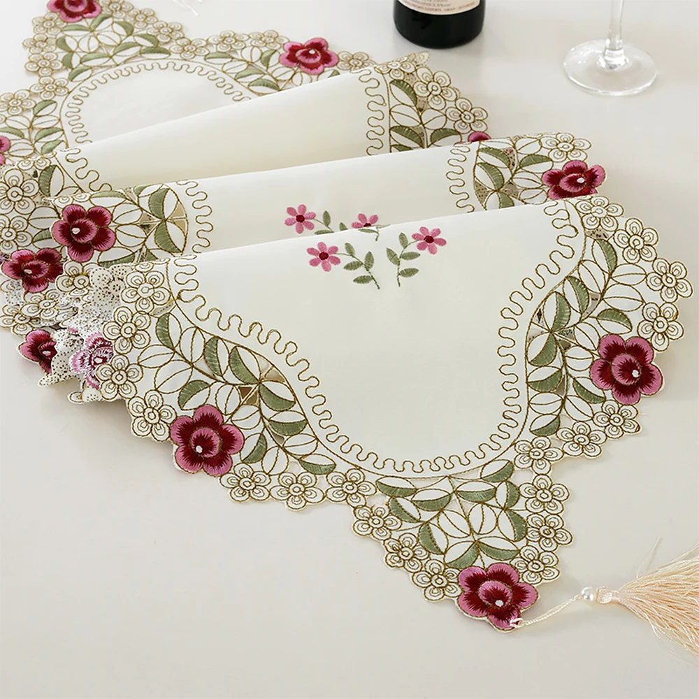 Pastoral Table Runner Embroidered Flower Leaves Hollow Polyester Table Covers Dustproof Table Decor for Home Party Wedding