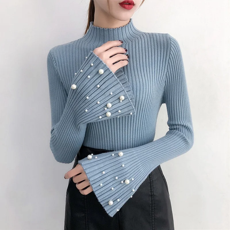 

Autumn Plus Velvet Beaded Sweater Female Pearl Horn Sleeve Haif Turtleneck Knit Bottoming Sweaters